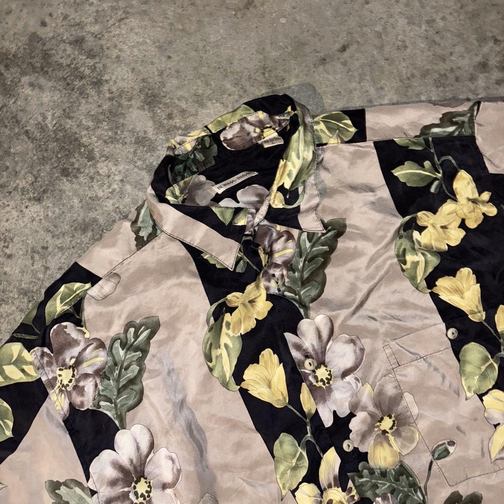 Burma Bibas Shirt Mens Large Black Floral 100% Silk Hawaiian Summer Button Up